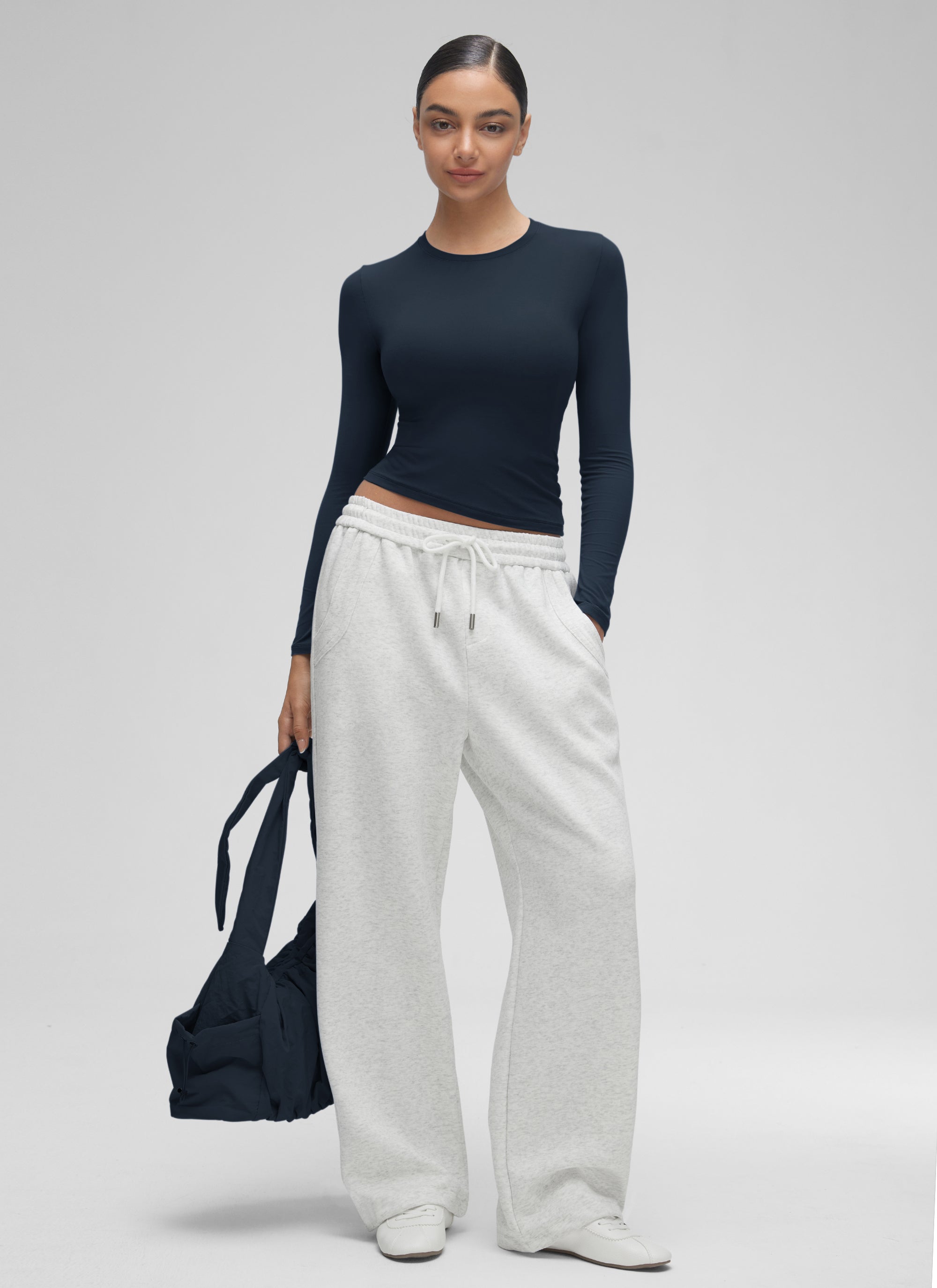 CRZ YOGA Camiseta Mujer Cuello Redondo Ajustada Manga Larga Casual True Navy