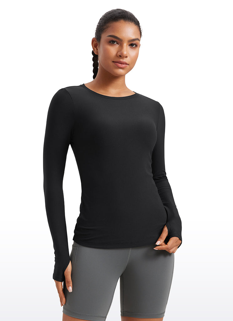 CRZYOGA Cloudweight Camiseta de Cuello Redondo y Manga larga Agujero para Mujer Lino azul