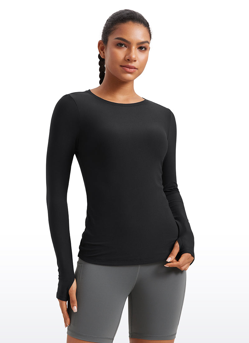 CRZYOGA Cloudweight Camiseta de Cuello Redondo y Manga larga Agujero para Mujer Lino azul