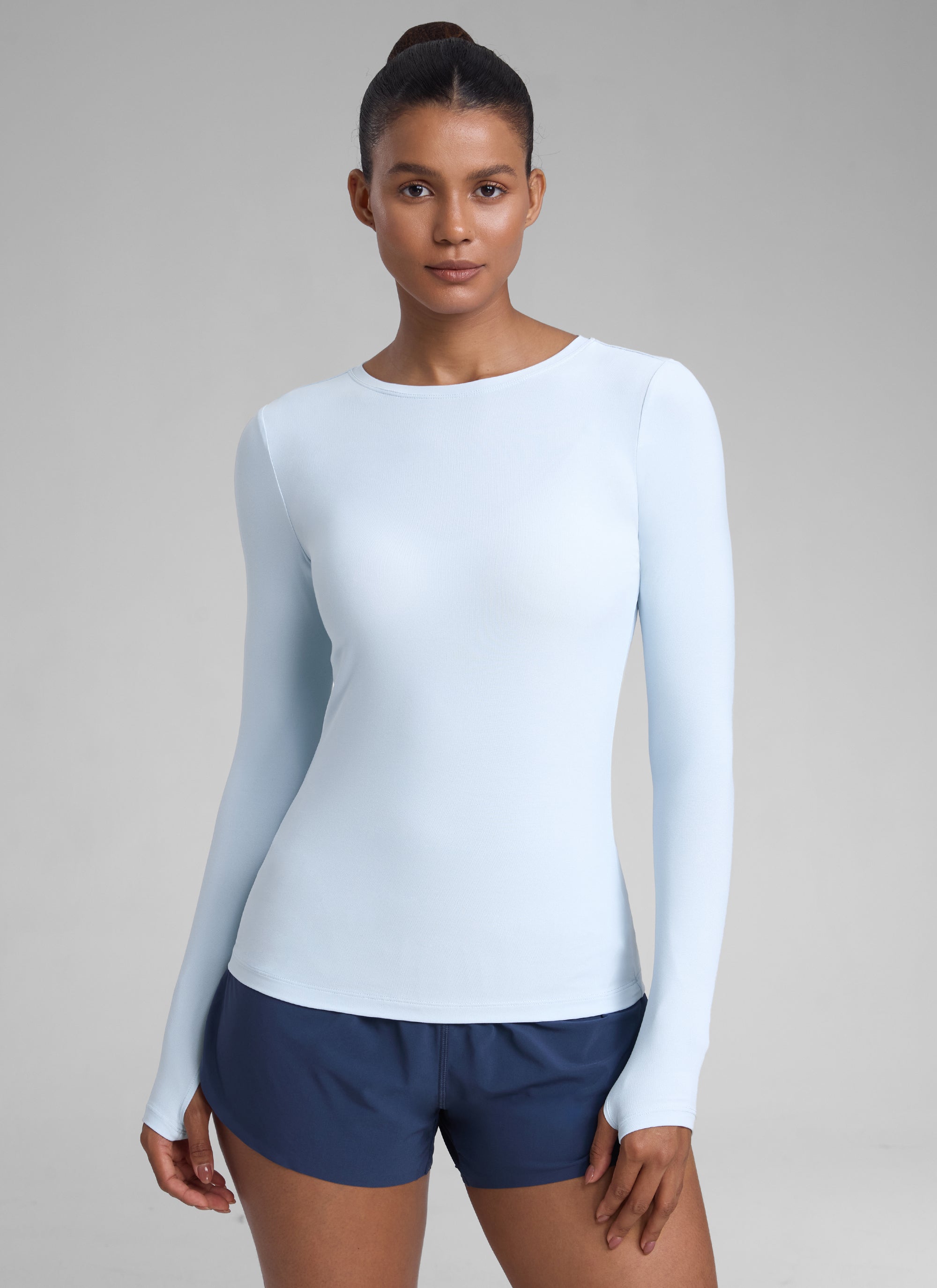 CRZYOGA Cloudweight Camiseta de Cuello Redondo y Manga larga Agujero para Mujer Lino azul