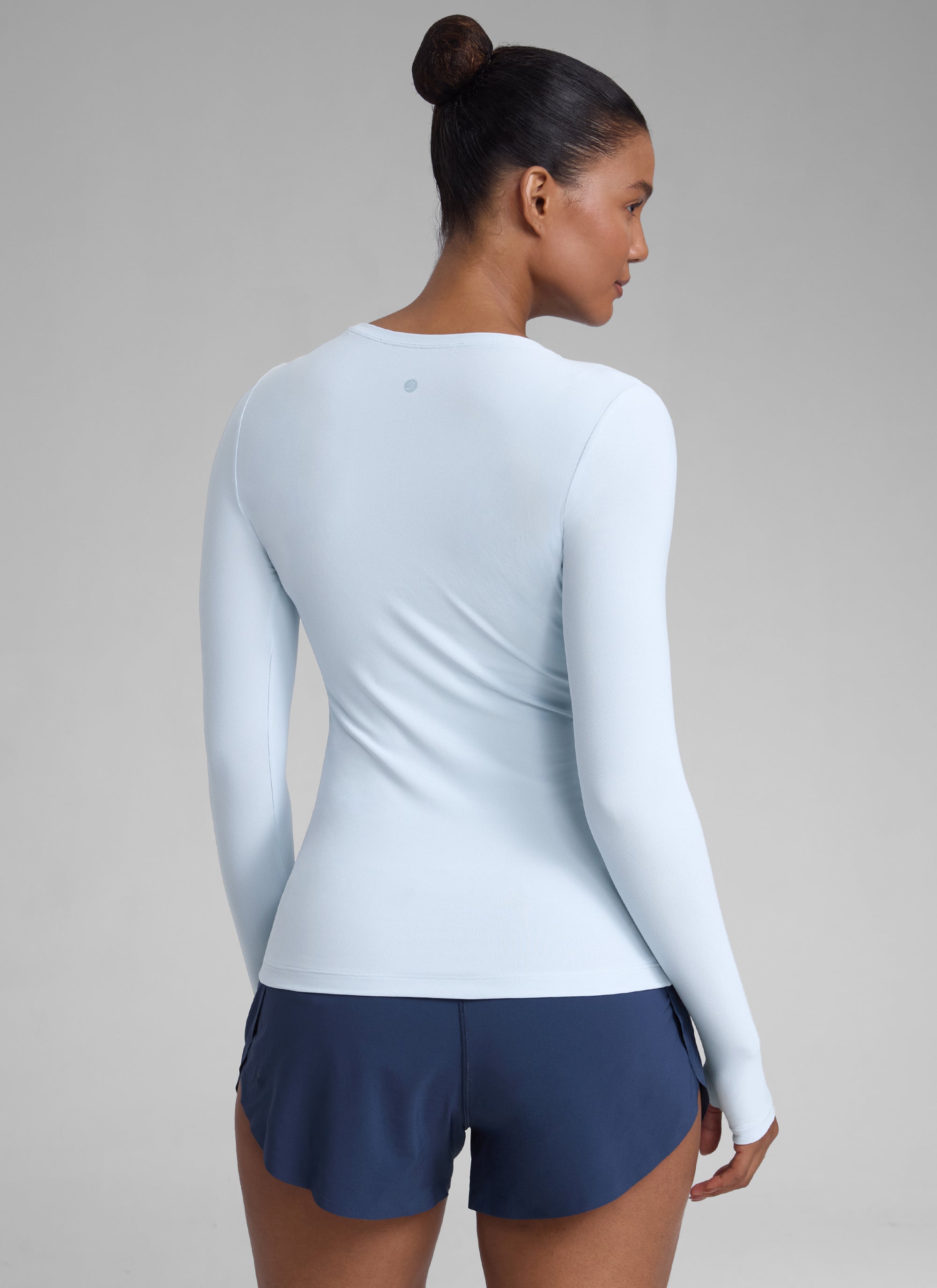 CRZYOGA Cloudweight Camiseta de Cuello Redondo y Manga larga Agujero para Mujer Lino azul