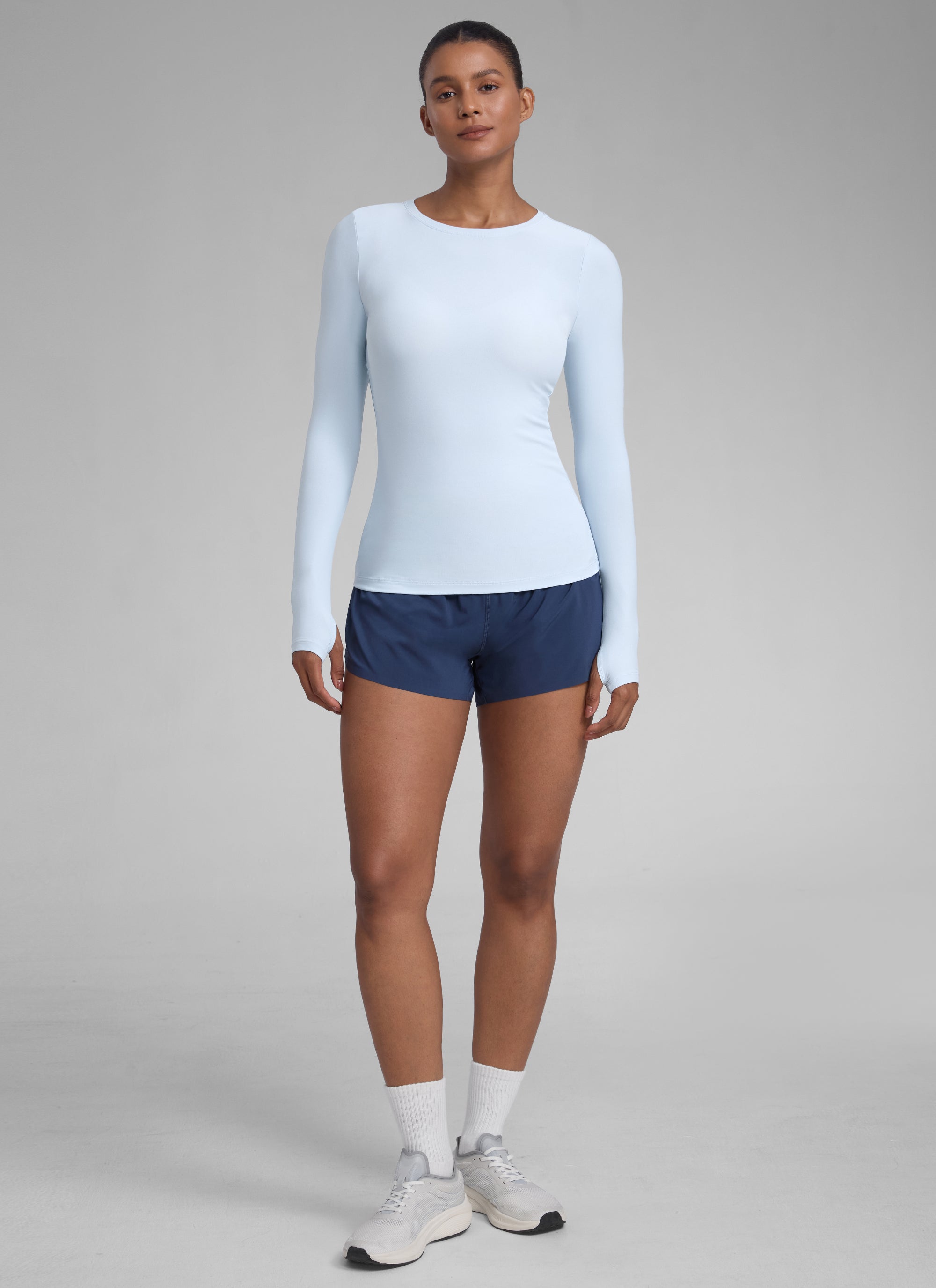 CRZYOGA Cloudweight Camiseta de Cuello Redondo y Manga larga Agujero para Mujer Lino azul