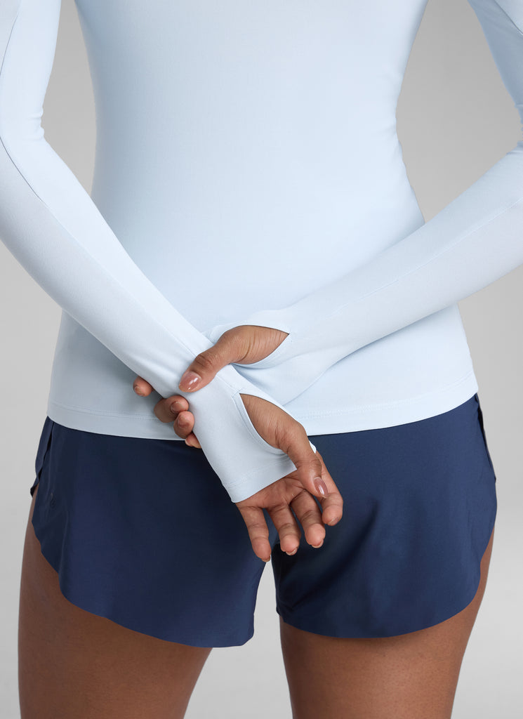 CRZYOGA Cloudweight Camiseta de Cuello Redondo y Manga larga Agujero para Mujer Lino azul